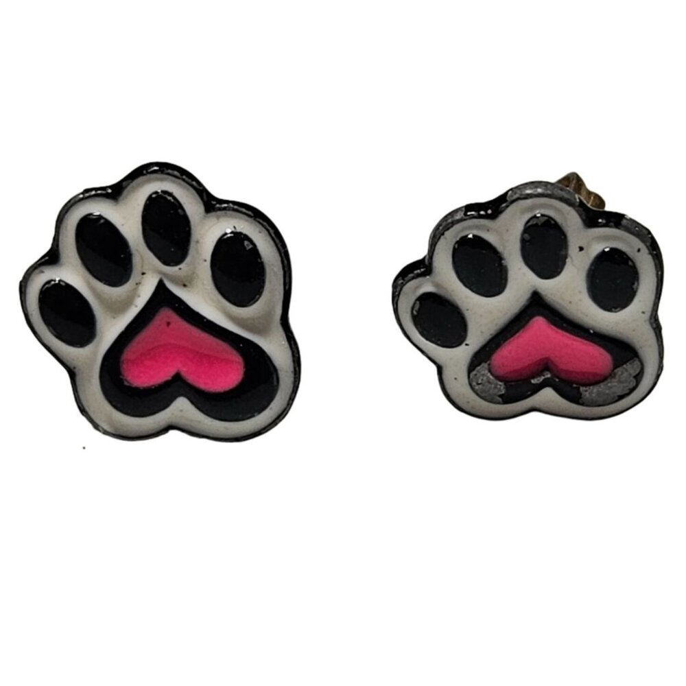 Dog Lovers Paw Print Heart Stud Earrings Enamel Pink Black Fashion Jewelry Women